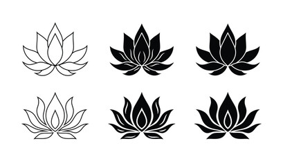 Lotus flower silhouette logo. Set black lotus symbol isolated on white background. Lotus vector icon, sign yoga and meditation for spa salon