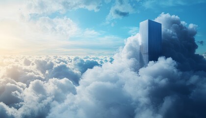 A hyper-realistic photo of a towering metallic skyscraper piercing through a thick layer of clouds