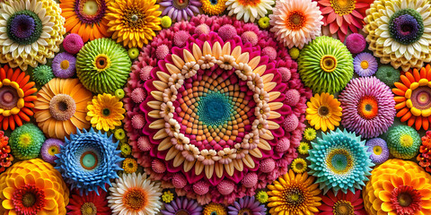 Vibrant and colorful petals arranged in intricate circular patterns, flowers, vibrant, colorful, petals, circular, patterns