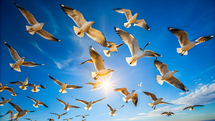 Obraz premium Birds soaring gracefully in a clear blue sky , wildlife, flying, soaring, freedom, nature, outdoors, feathers, avian, tranquility