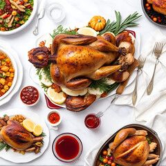 Roasted turkey with stuffing, gravy, and cranberry sauce.