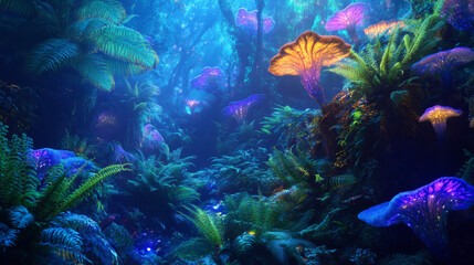 Obraz premium Describe a planet where the dominant life forms are bioluminescent plants that communicate through color changes. 