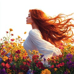 Naklejka premium A hyperrealistic portrait of a young woman with long hair, wearing a flowing dress, standing in a field of flowers