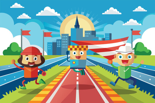 Three cartoon characters enthusiastically run towards a customizable finish line in a vibrant city park setting under a clear blue sky.