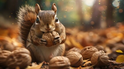 Obraz premium squirrel eating nuts in the park in autumn