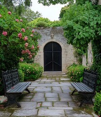 Naklejka premium Stone Pathway Leading to a Black Wooden Gate in a Garden Setting