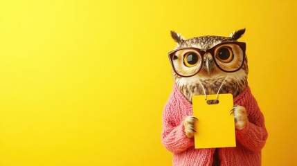 Fototapeta premium Trendy Owl in Stylish Clothes with a Yellow Sign