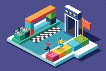 Two runners approach a colorful finish line in a lively setting, highlighting the excitement of competition in a customizable format.