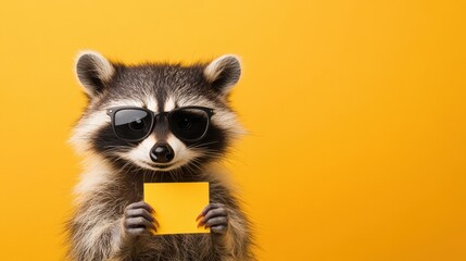 Obraz premium Stylish Raccoon with Discount Tag on Yellow Background
