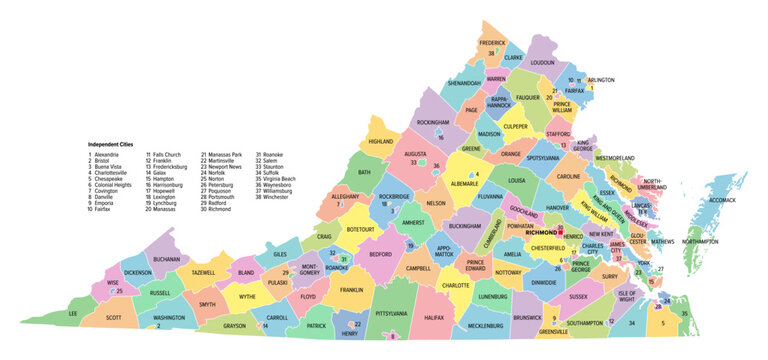 Virginia, U.S. state, subdivided into 95 counties and 38 independent cities, colored political map with capital Richmond, and county names. State in the Southeastern and Mid-Atlantic regions of USA.