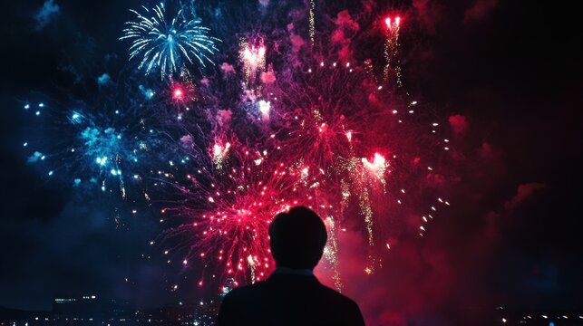 Fireworks lighting up a night sky with a bold celebratory text message in bright red white and blue