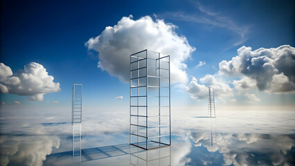 Ladders and clouds floating above a cube , ladder, clouds, cube, surreal, fantasy, abstract, dream, climbing, sky