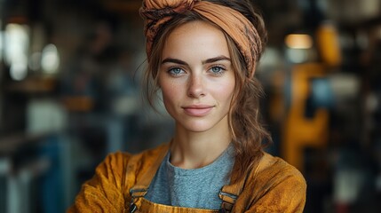 portrait of mid adult industrial woman working indoors in metal workshop looking at camera