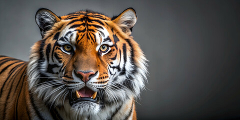 Tiger with fierce expression on gray background with copy space, tiger, wild, animal, predator, fierce, powerful, nature
