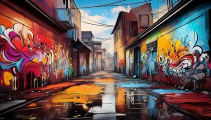 Fototapeta premium A vibrant urban alley adorned with colorful graffiti, reflecting a creative street art culture, enhanced by wet pavement and blue skies.