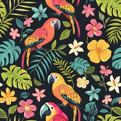 Obraz premium Tropical Birds and Flowers Seamless Pattern