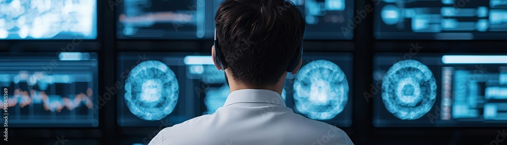 Poster a focused individual analyzing data on multiple screens in a modern control room, emphasizing techno