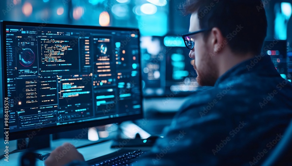 Poster a focused individual analyzing code on a dual monitor setup, showcasing software development in a mo