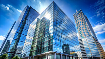 Fototapeta premium Modern high-rise building with glass facade in urban city setting overlooking clear blue sky, skyline