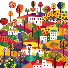 Colorful Village Illustration with Abstract Trees and Houses