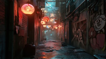 Fototapeta premium Vibrant Alleyway at Night with Glowing Lanterns and Graffiti