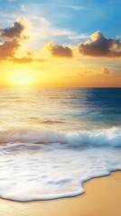 Golden Sunset Over the Ocean with Waves Crashing on the Shore