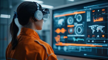 A person wearing virtual reality headset engages with advanced technology and data on sleek digital screens.