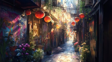 Fototapeta premium Vibrant Alley in Ancient City at Dusk with Lanterns and Flowers