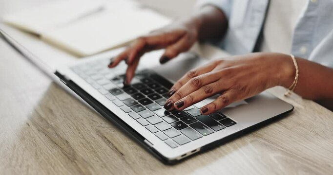 Black woman, typing hands and laptop with search for information, startup and remote work in home. African entrepreneur lady, keyboard and computer for website, language translation and online course