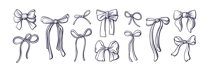 Bow doodle collection. Vector ribbon for gift box