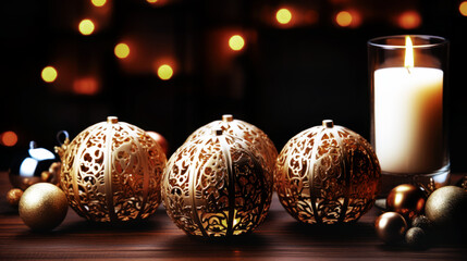 Obraz premium Golden Christmas balls with lit candle