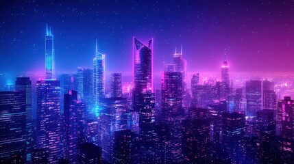 Obraz premium Neon Metropolis: A Dazzling Cyberpunk Cityscape Under the Starry Night Sky