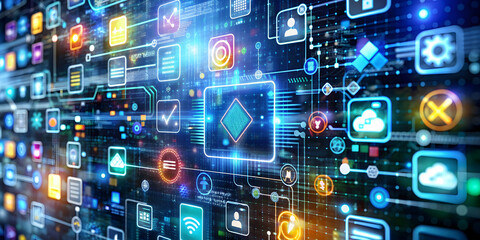 A collage of various software frameworks and libraries with code snippets, symbols, and technology gadgets, technology