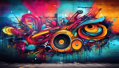 Obraz premium A vibrant graffiti mural featuring colorful musical elements, including turntables and abstract shapes, set against a bold, teal background.