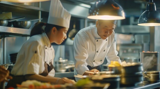 An experienced chef teaching a young apprentice in a bustling kitchen, with a focus on the detailed techniques being passed down.