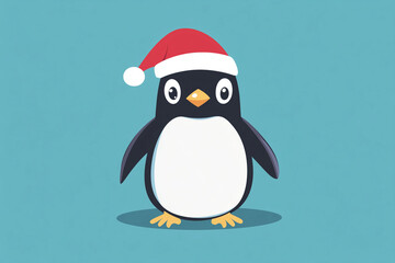 Fototapeta premium A playful penguin wearing a Santa hat. Character design. Flat cartoon.