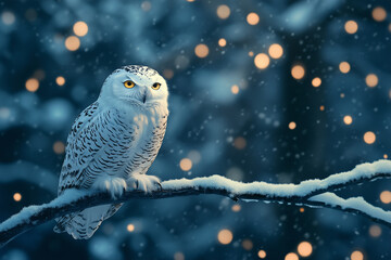 Snowy owl perched on a snowy branch.