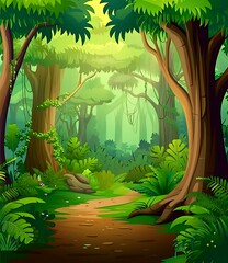 Naklejka premium Lush Green Jungle Path Illustration