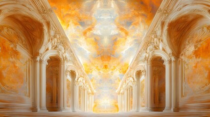 Obraz premium Golden Sky Above Hallway With White Columns