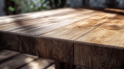 Fototapeta premium A wooden table corner in sharp perspective with smooth textures and visible grain, offering a clean and isolated space perfect for showcasing products