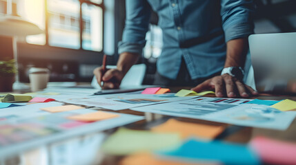 Obraz premium Brainstorming. Business man explaining new business project plan to team at business meeting in office. Startup team brainstorms business ideas together. Web banner