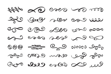 Vintage flourishes, swirls, curls, scrolls set. Calligraphic doodle design elements. Hand drawn 