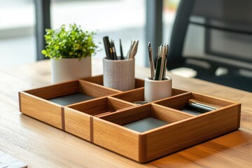 A beautifully organized wooden desk tray with plants and writing instruments