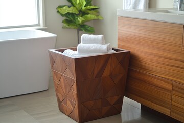 Elegant wooden bin holding neatly folded towels in a modern bathroom setting