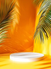 Obraz premium Palm Leaf Shadows on Yellow Background with White Platform