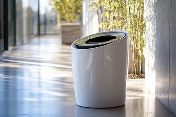 Modern trash can enhancing an indoor space with greenery