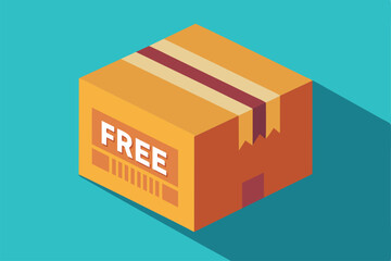 Obraz premium A flat illustration features a brown box with a bold FREE label, emphasizing free shipping with a vibrant background.