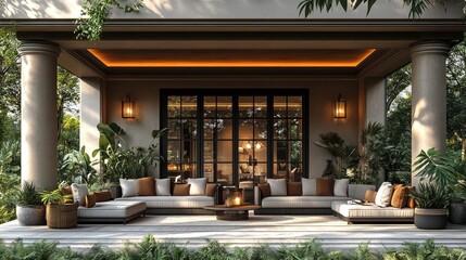 Cozy outdoor living space with comfortable seating and greenery.