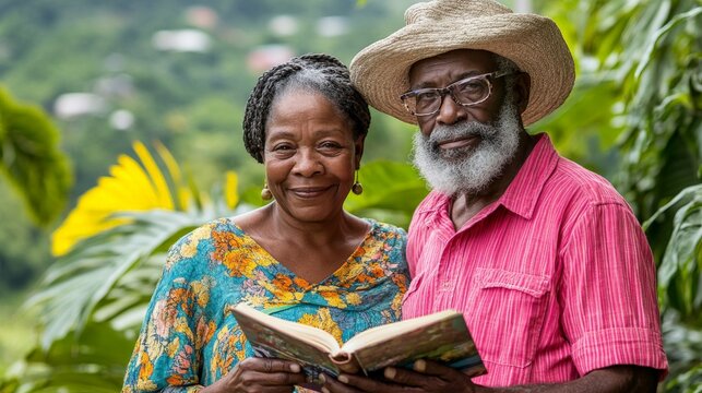 elderly interracial couple relaxing in the cool Jamaican hills and reading a book - Powered by Adobe