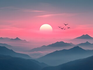 Fototapeta premium pink sun setting behind mountains, birds flying in the sky